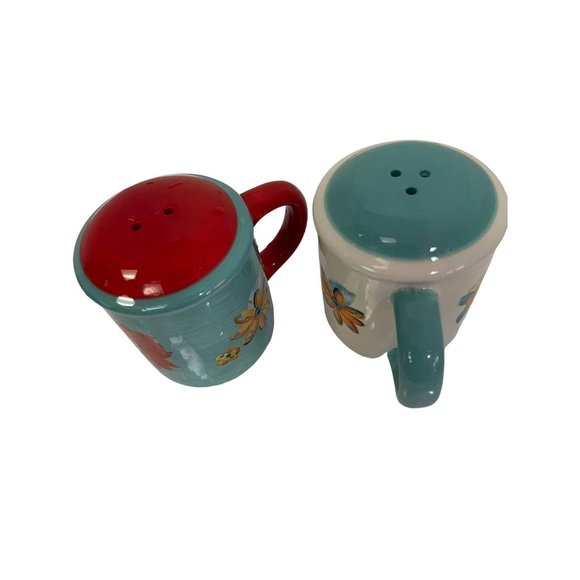 Vintage Pair of Ceramic Mug Shaped Salt Pepper Shakers White Blue Floral 3" Tall - Picture 3 of 5